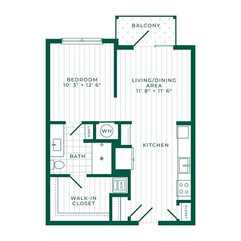 Floor plan for studio, 1 bath, 659 sqft